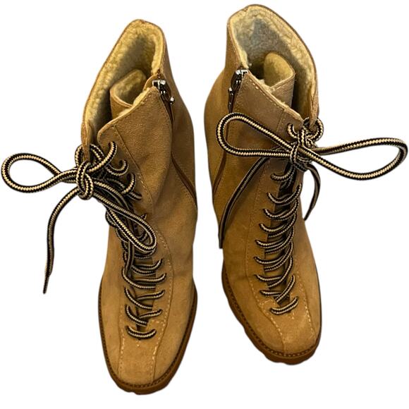 Schutz Naina Suede Boots Tan Sherpa Lined Lace Up Heeled Booties Lug Sole Size 8 - Picture 6 of 12